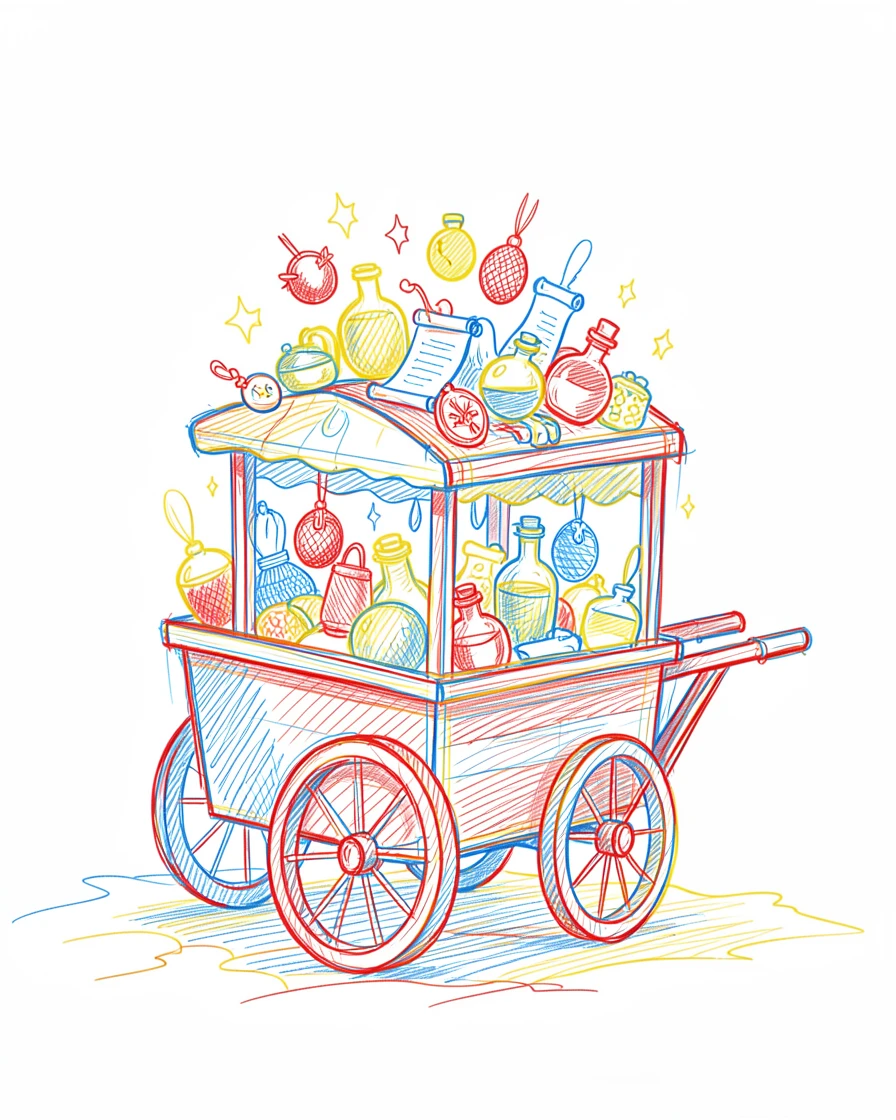 A wandering merchant's cart piled high with glowing magical trinkets