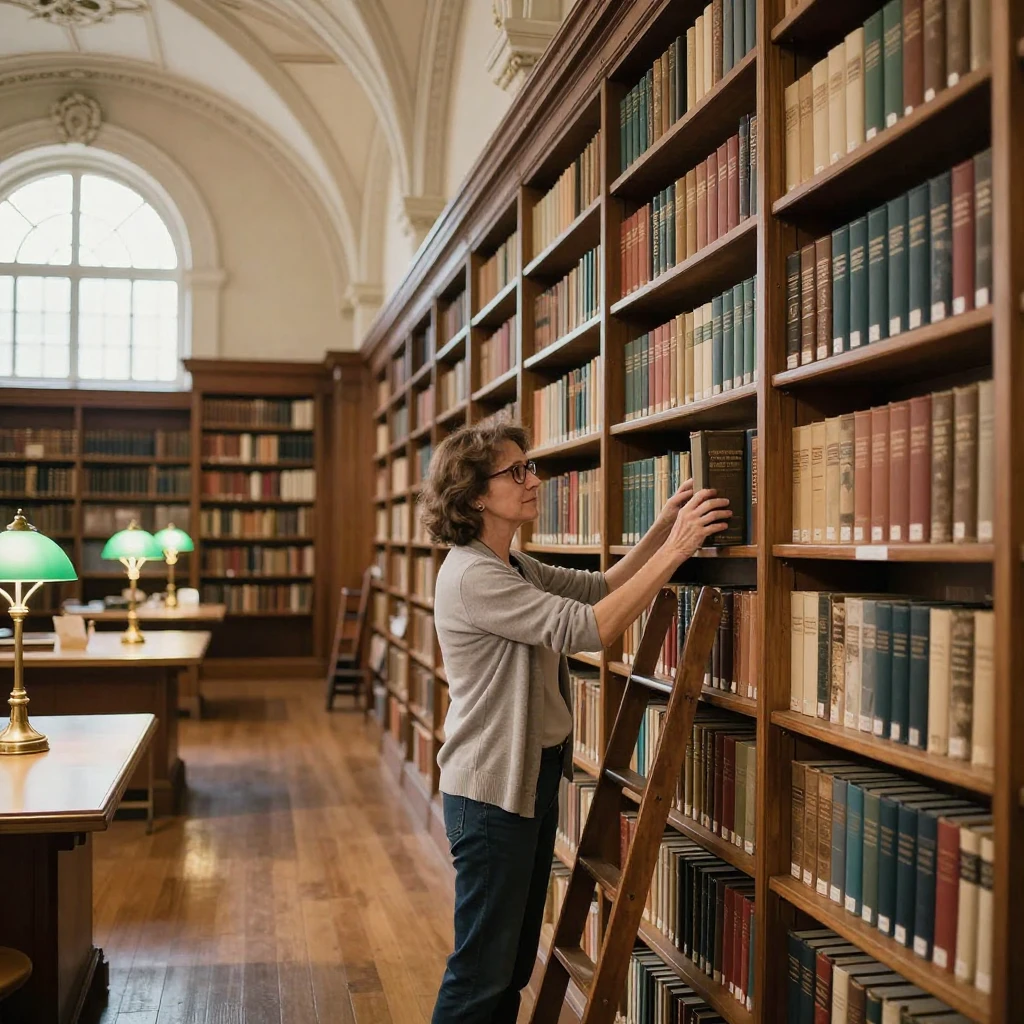 A librarian organizing shelves in a grand old library