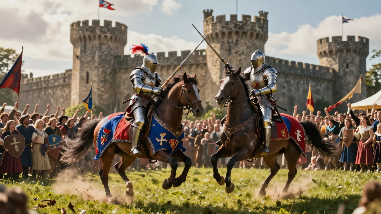 Medieval knights jousting on horseback before a cheering castle crowd