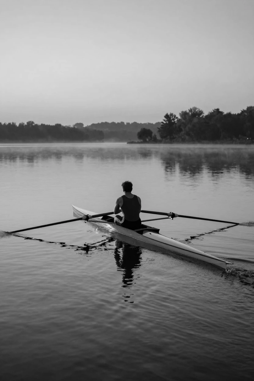 A rower trains alone before sunrise on a glassy lake.
