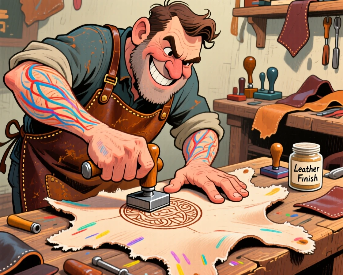 A leatherworker stamping an intricate design into a fresh piece of hide.