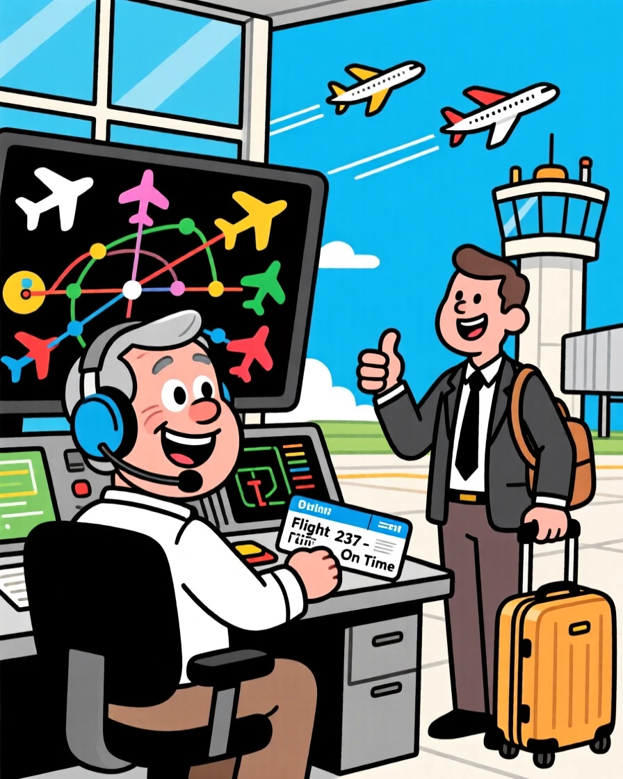 A vibrant profession-themed portrait of a busy air traffic controller taking a well-earned break with a proud grin, with a satisfied customer nearby.