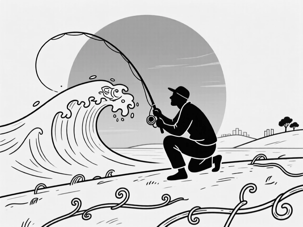 A fisherman silhouetted against a blazing sunset, crouching low as the wave curls overhead, set atop a hill far from city lights. Vines with curling tendrils spread across the ground. The scene celebrates nature's simple, joyful surprises.