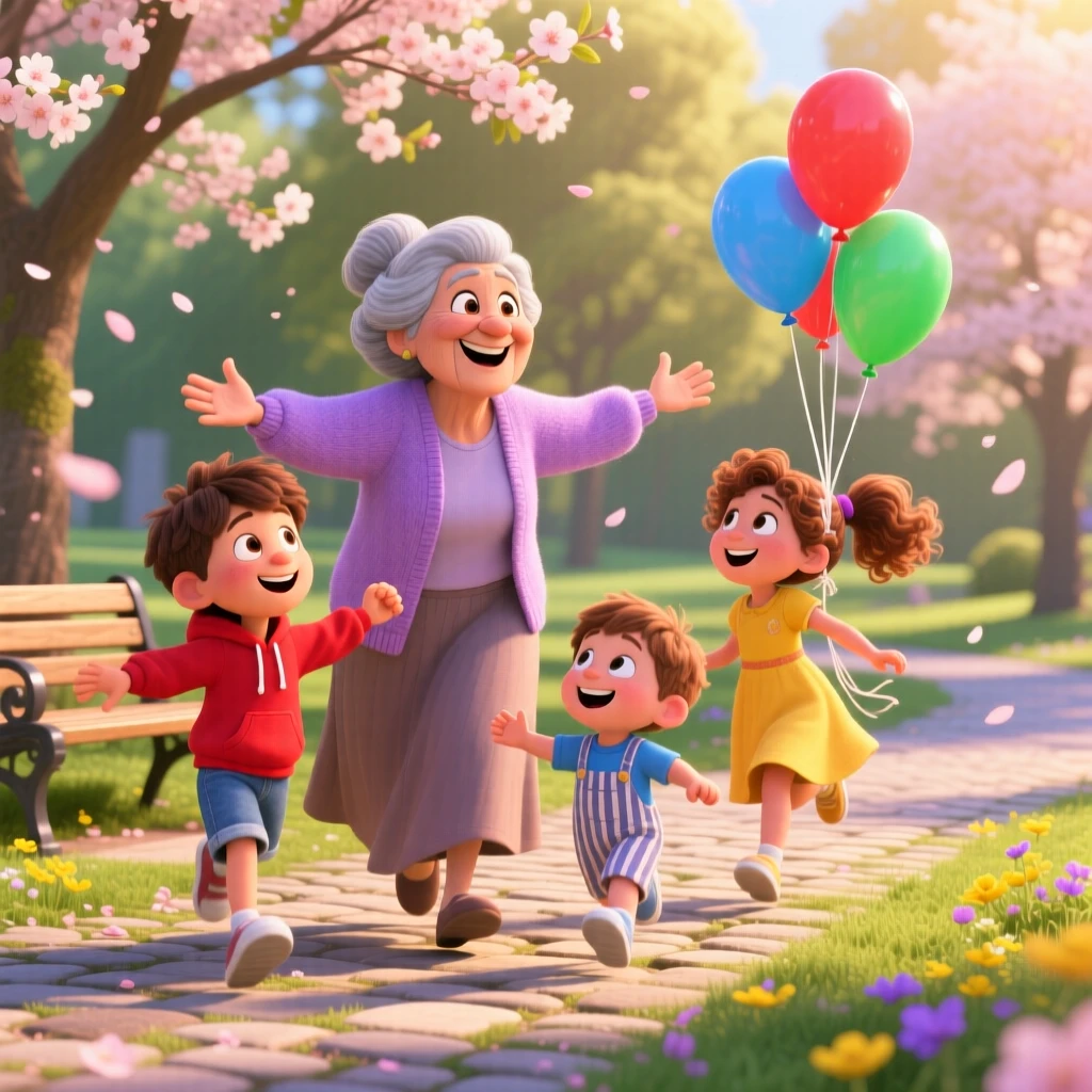 A grandmother reuniting with her grandchildren unfolds in a sunlit park filled with blooming trees, with balloons floating gently upward. Pure joy and warmth radiate from the scene.