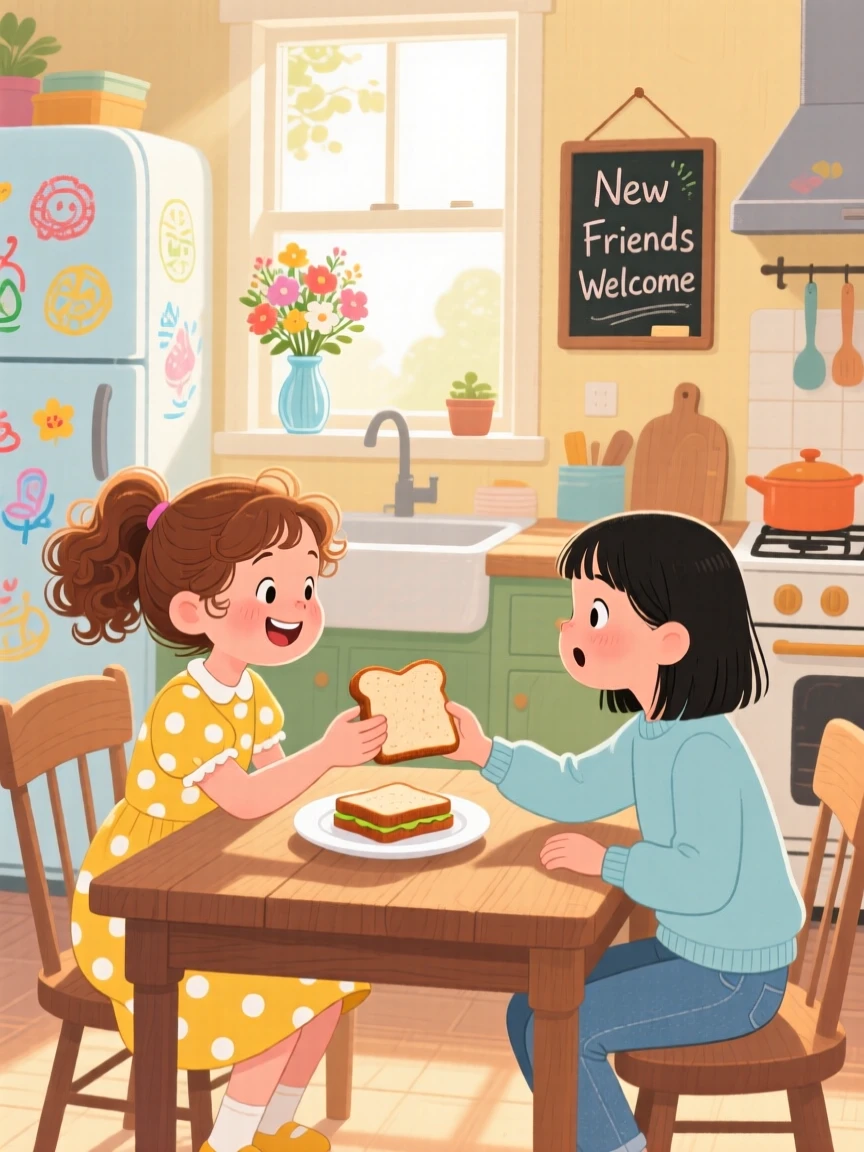 In a warm kitchen table, a girl and a shy new classmate bond over offering half a sandwich to a new friend, as a new friendship quietly begins.