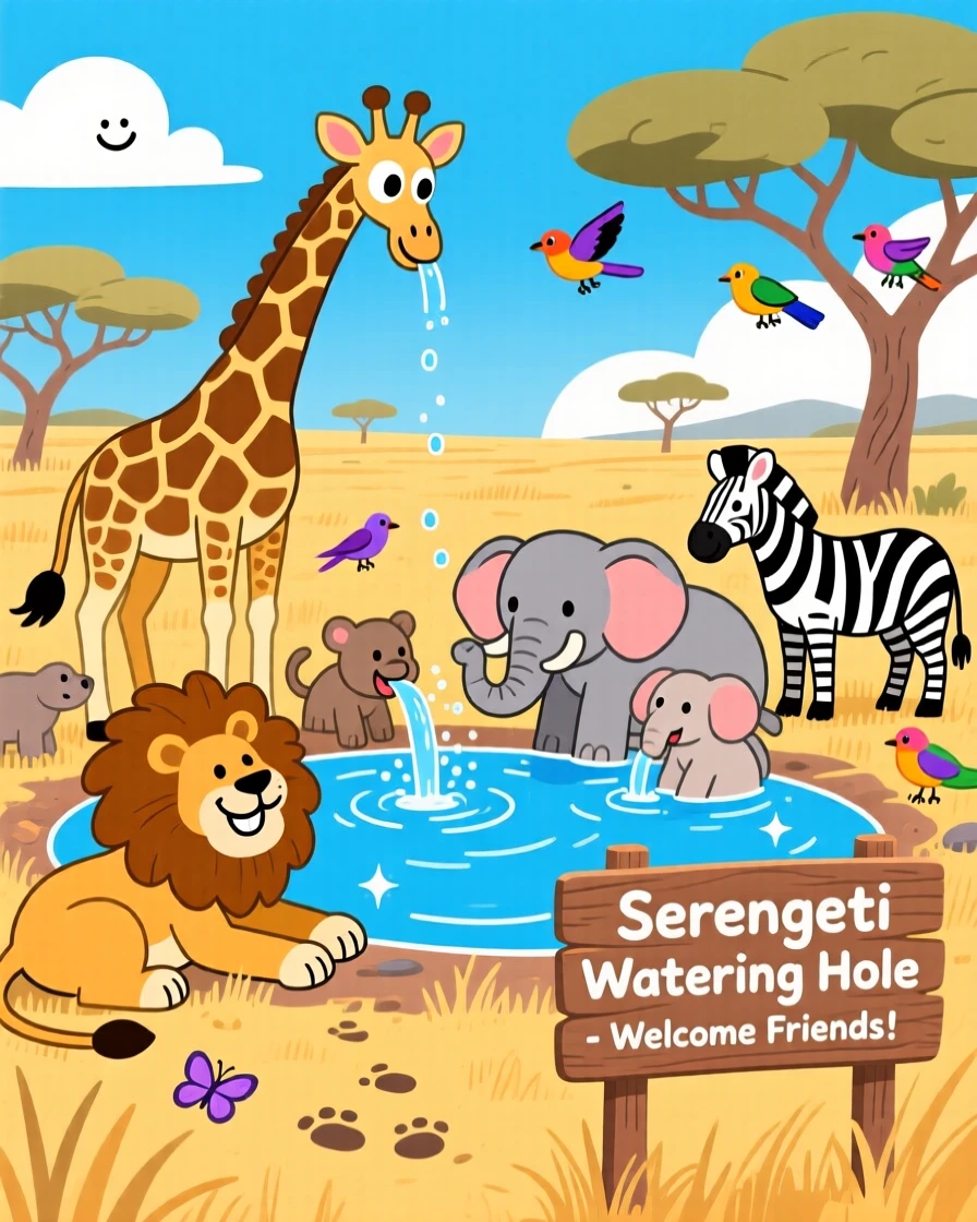 Wildlife gathering at a watering hole on the Serengeti plains.
