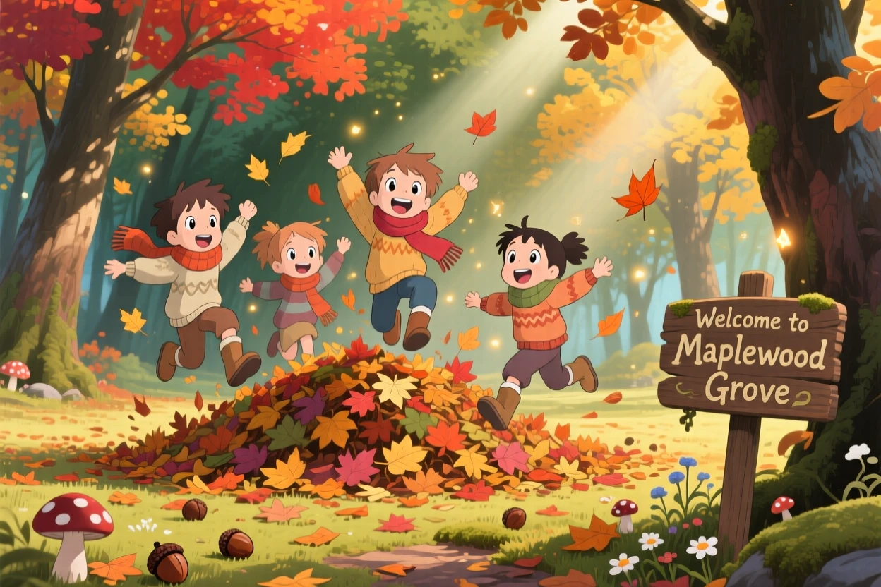 A autumn scene of children jumping into a pile of raked leaves, as small details of the season fill every corner.