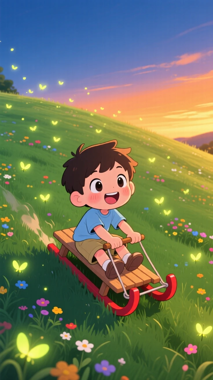 A small boy flying down a grassy hill on a sled in summer, framed as a bird's-eye view within a rolling green hillside, as fireflies begin to glow at dusk, glowing under warm fairy-light glow, evoking giggling amusement.