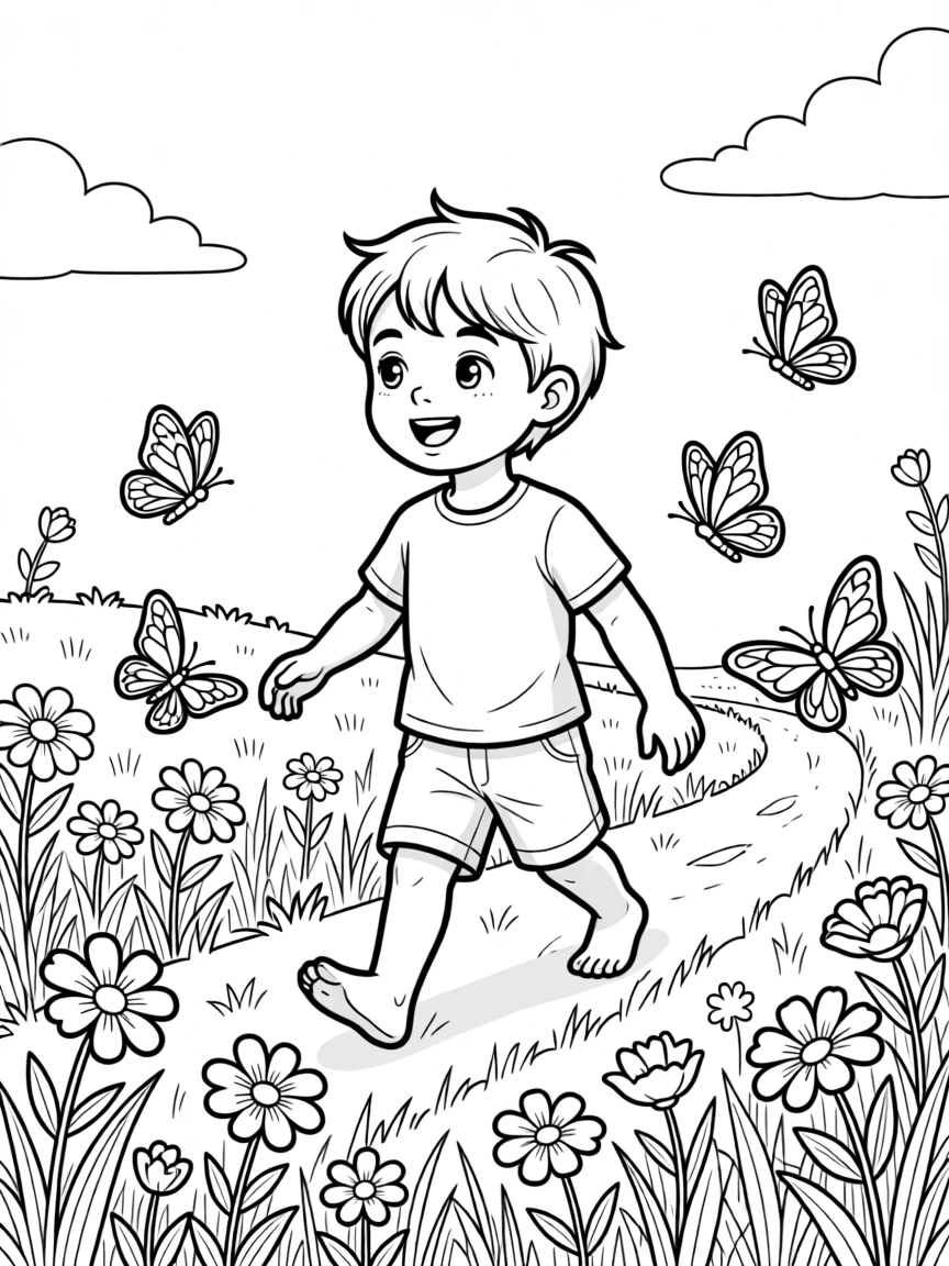 A child following a trail of butterflies through a meadow