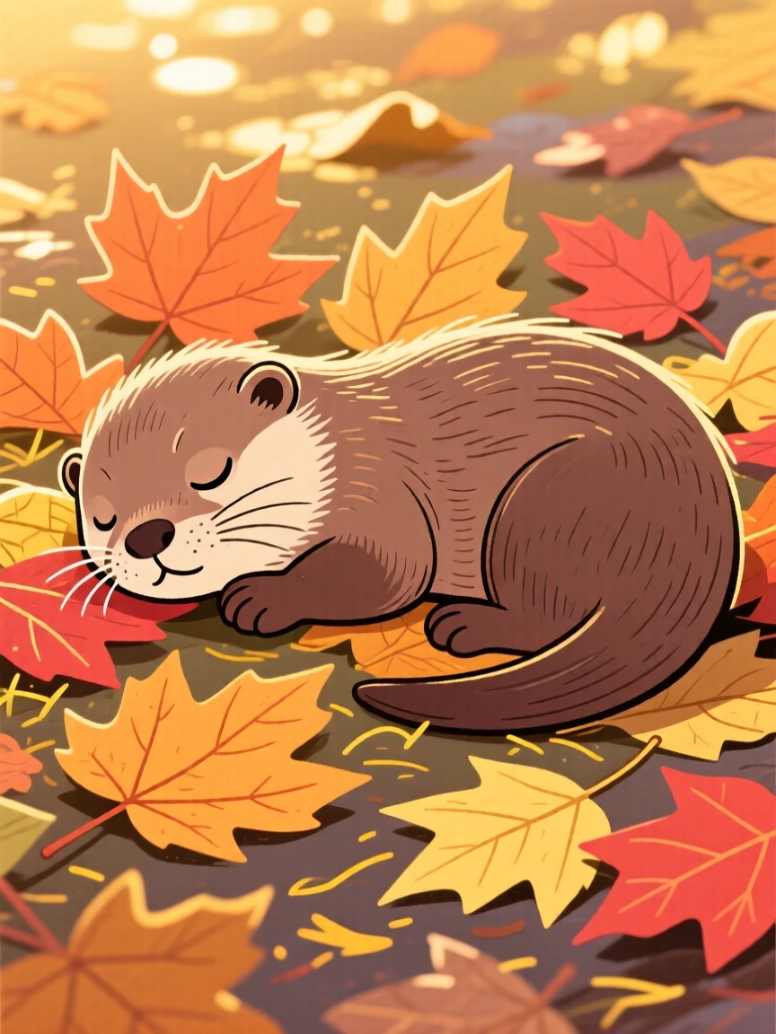 A baby otter napping among autumn leaves during golden hour.