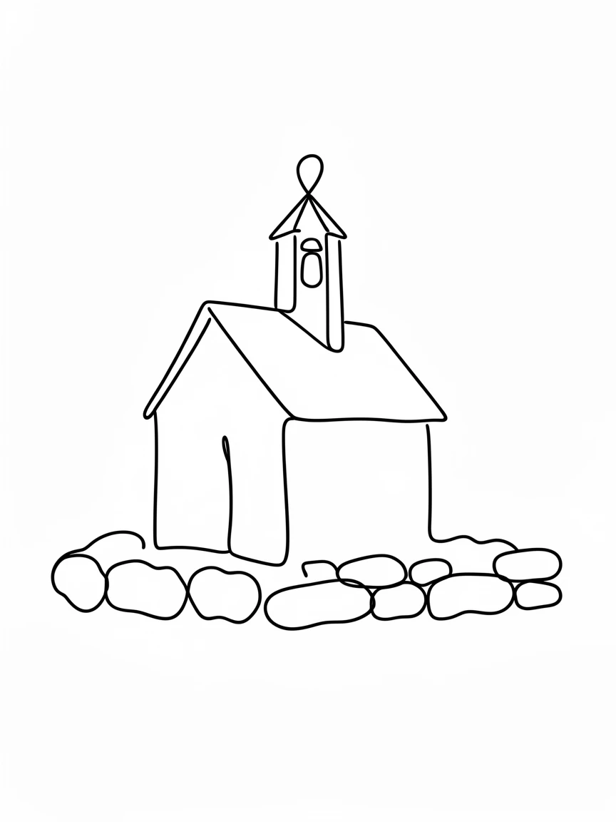 A quaint countryside chapel with a small bell tower and stone fence