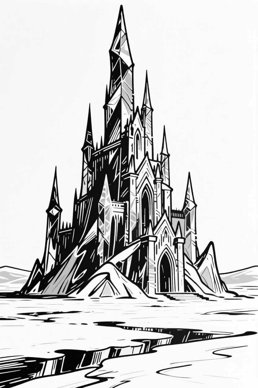 A colossal ice palace rising from a frozen tundra, glittering in the sun.