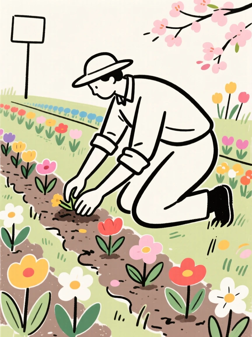 A gardener planting rows of colorful flowers in a spring garden.