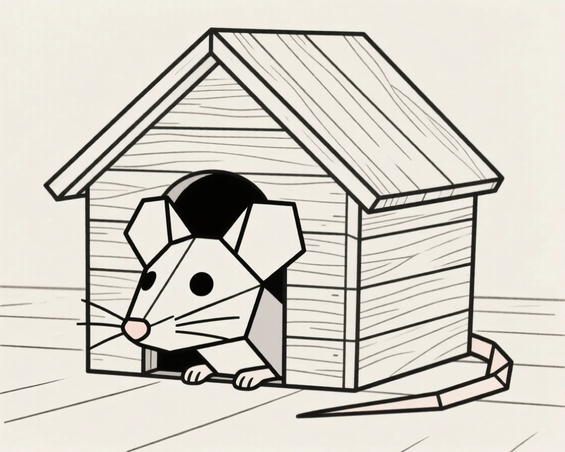 A pet mouse peeking out of a tiny wooden house