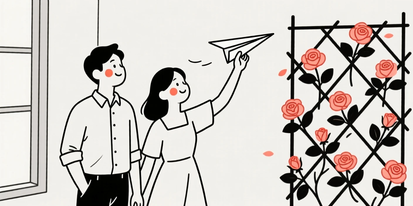 A newly engaged couple flying a paper airplane indoors, beside a blooming rose trellis.
