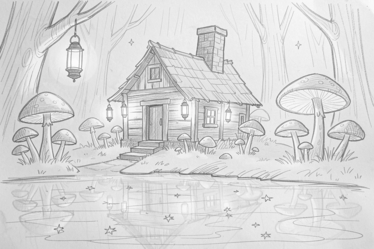 A magical, imaginative vision of a witch's cottage glowing with lantern light within a forest of glowing mushrooms, with stars reflected in still water.