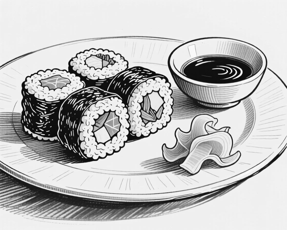 A plate of freshly made sushi rolls arranged with pickled ginger and soy sauce.