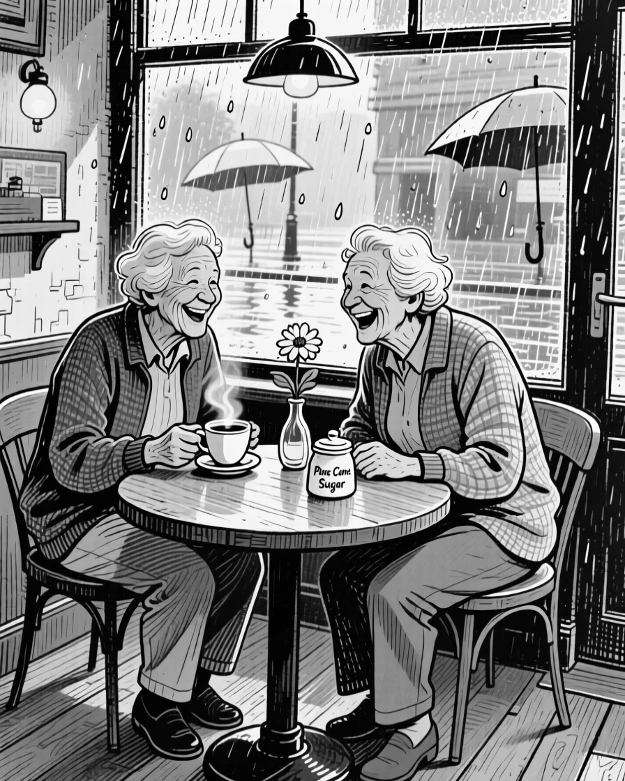 Two old friends sharing coffee at a small table inside a cozy cafe on a rainy day, with genuine laughter caught mid-moment, creating a deeply comforting lifestyle scene.