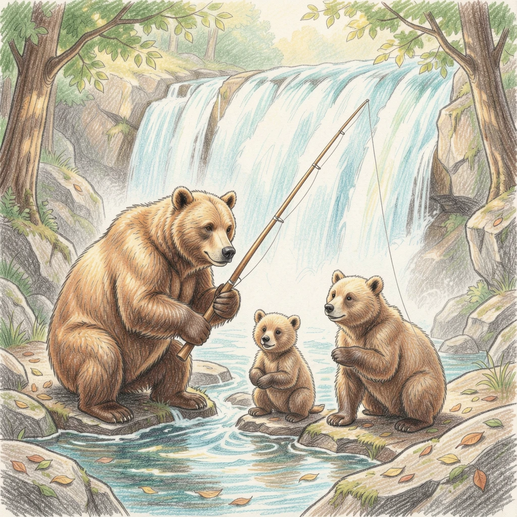 A family of bears fishing together at a rushing waterfall, with a gentle play of light and shadow across the composition, evoking warmth, beauty, and a lasting sense of wonder.