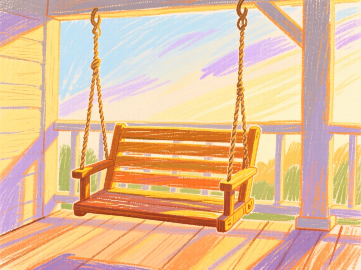 A view of a porch swing in golden light bathed in the last light of day.