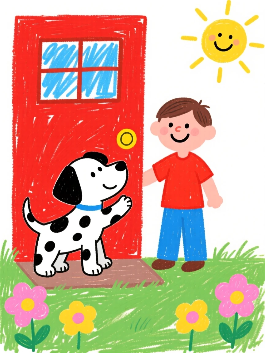 A spotted dalmatian puppy greeting its owner at the front door with a wagging tail.
