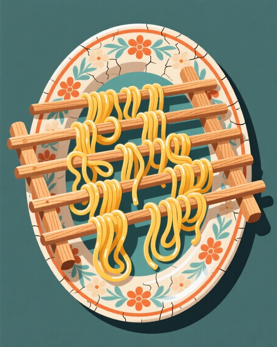 A tray of freshly made pasta drying on a wooden rack, placed on a vintage ceramic platter, arranged with complementary colors for visual appeal, with glossy highlights that make the dish look freshly made.