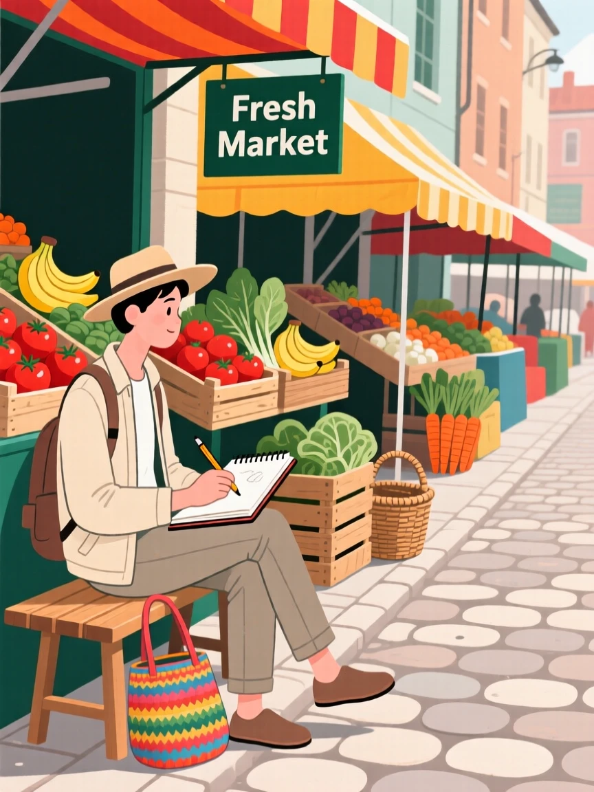 A traveler sketching in a notebook near a colorful market street.