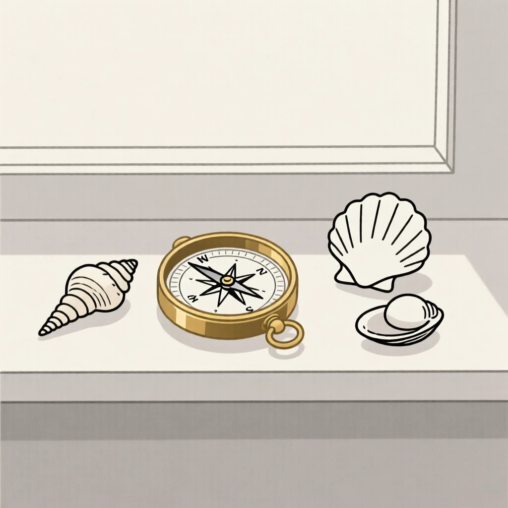 A brass compass resting on a windowsill in soft light, surrounded by a handful of seashells, evoking quiet curiosity.