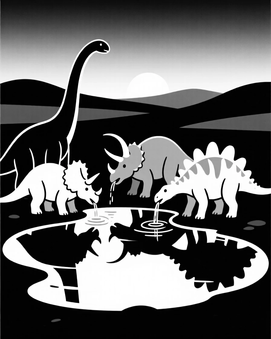 Dinosaurs gathering at a watering hole at dusk.