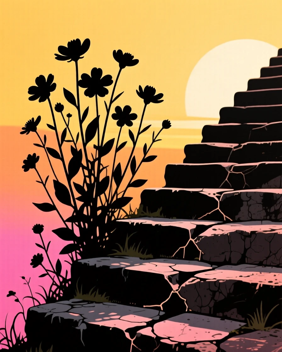 A cluster of wildflowers growing from the cracks of an old stone staircase.