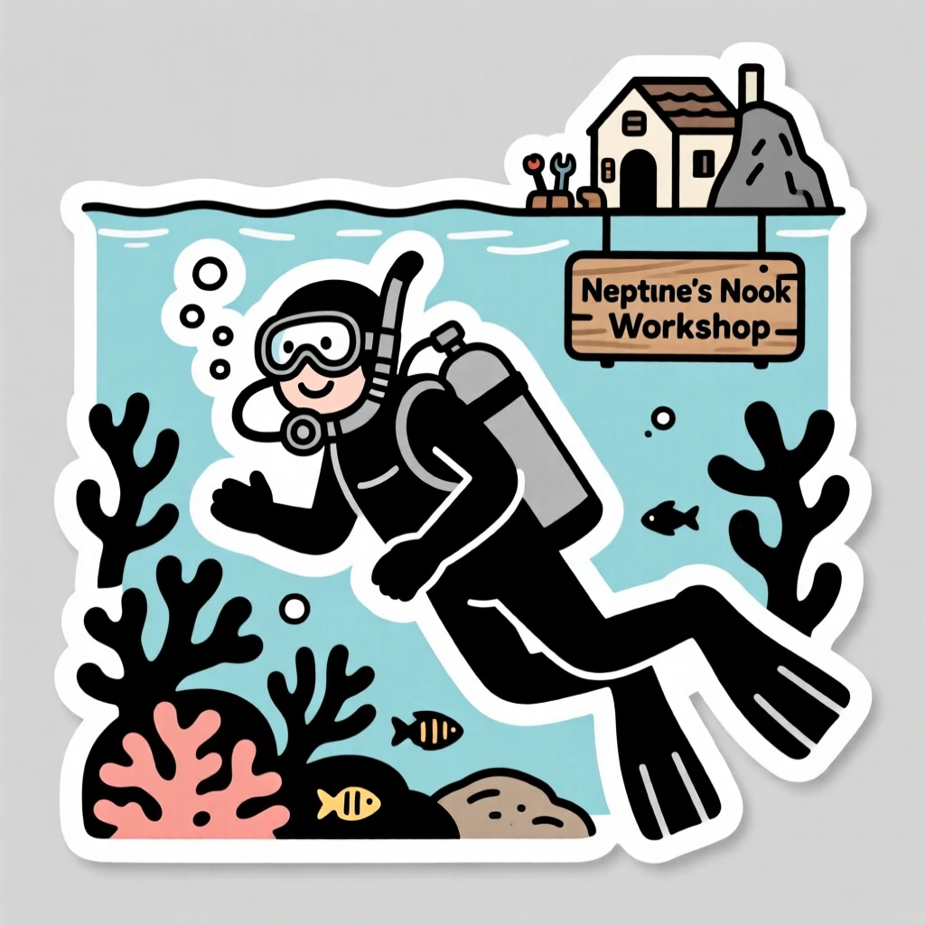 A focused and joyful scuba diver exploring a coral reef, taking a short pause to admire their progress, at a cozy neighborhood workshop.