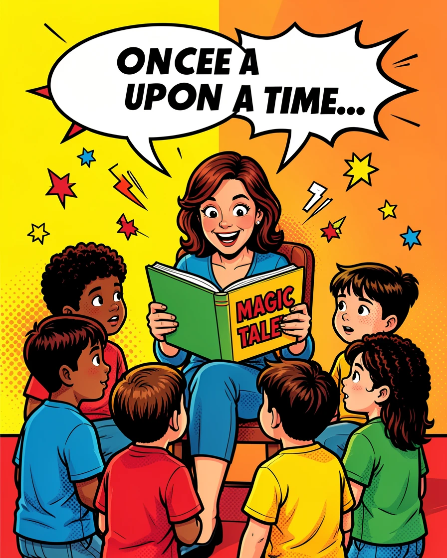 A teacher reading a story to a circle of attentive children