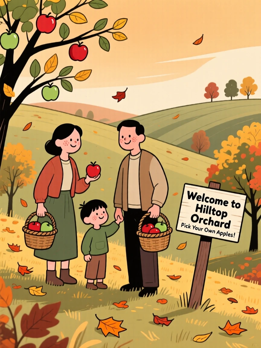 A family gathers apples in a hillside farm as the first falling leaves drift down around them under a soft amber sky.