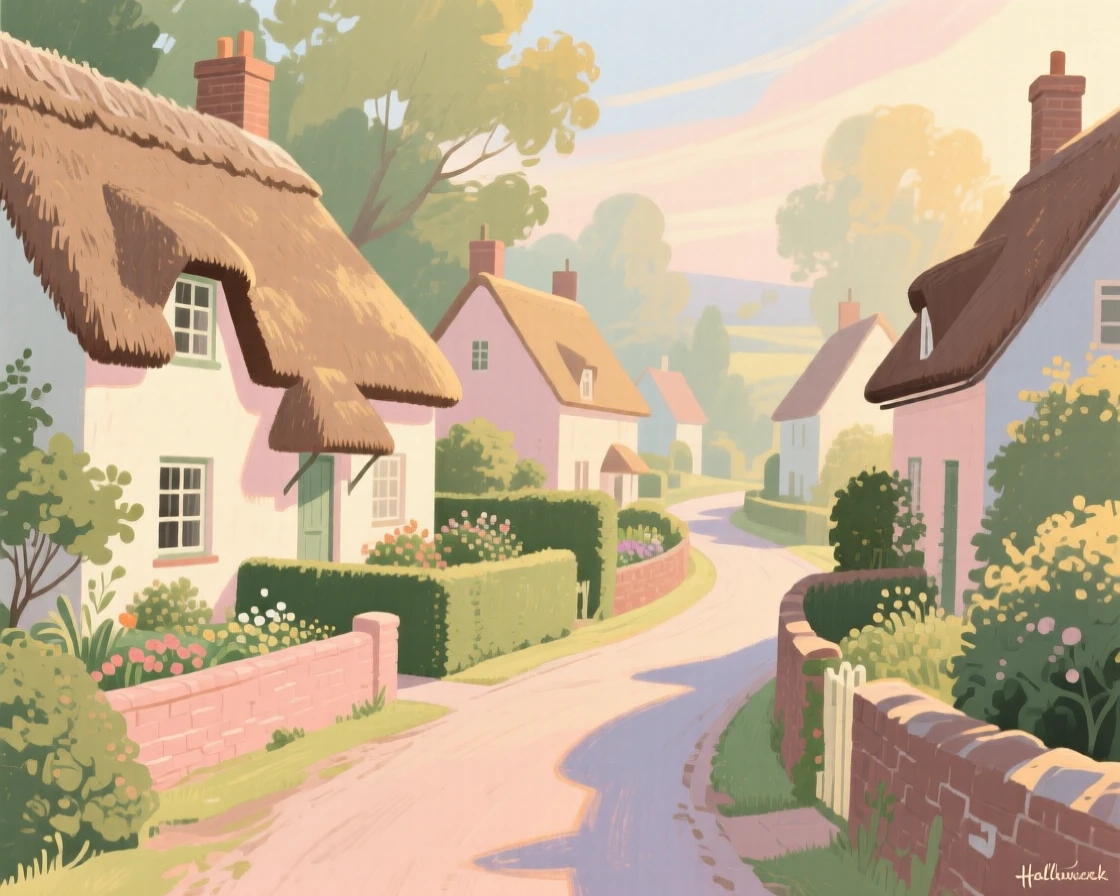A winding lane of thatched cottages bordered by low garden walls