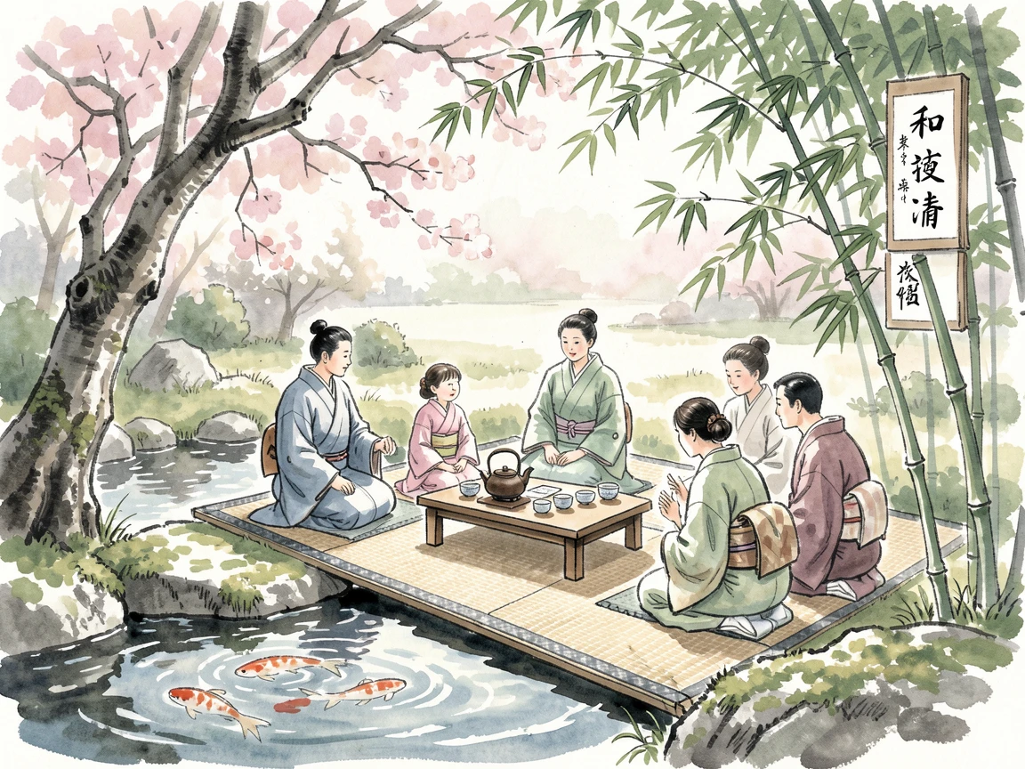 A traditional tea ceremony in a quiet Japanese garden as the community gathers together in celebration.