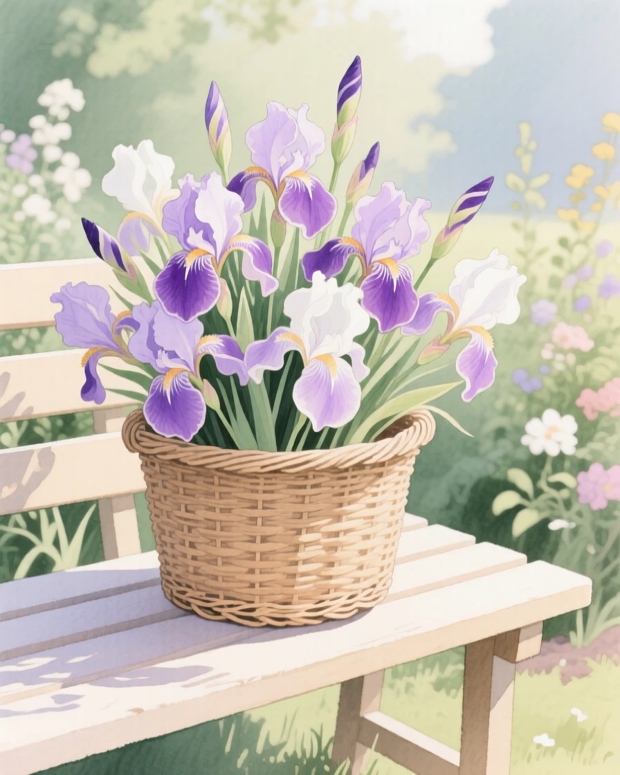 A bouquet of irises in soft, layered tones fills a woven wicker basket on a garden bench in bloom, petals catching the gentle light