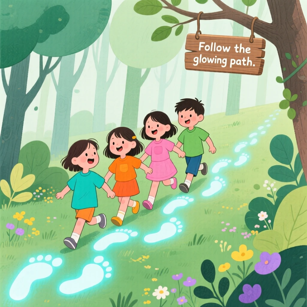 A thrilling glimpse of a group of friends following a trail of glowing footprints.