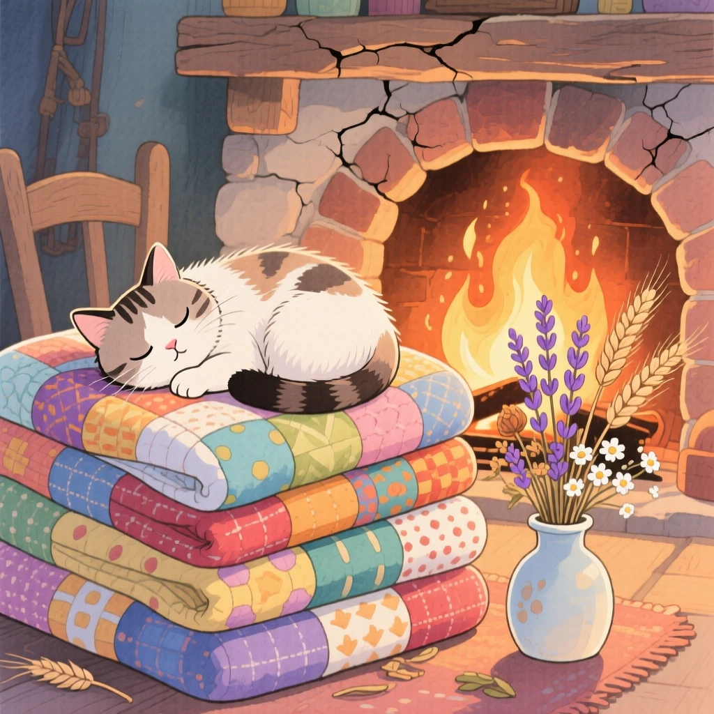 A cat curled asleep on a stack of quilts in front of a crackling fireplace, with dried flowers tucked into a small vase, radiating warmth and homely peace.
