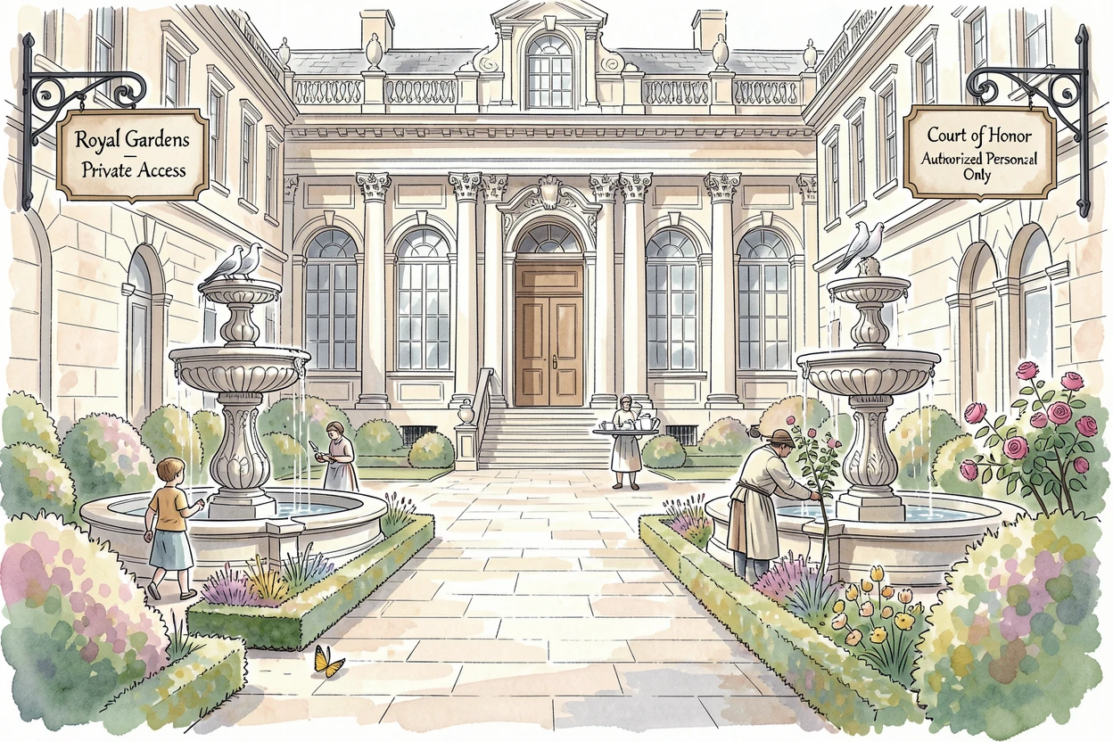 A grand palace courtyard with fountains and manicured gardens, small details of daily life scattered throughout the setting.