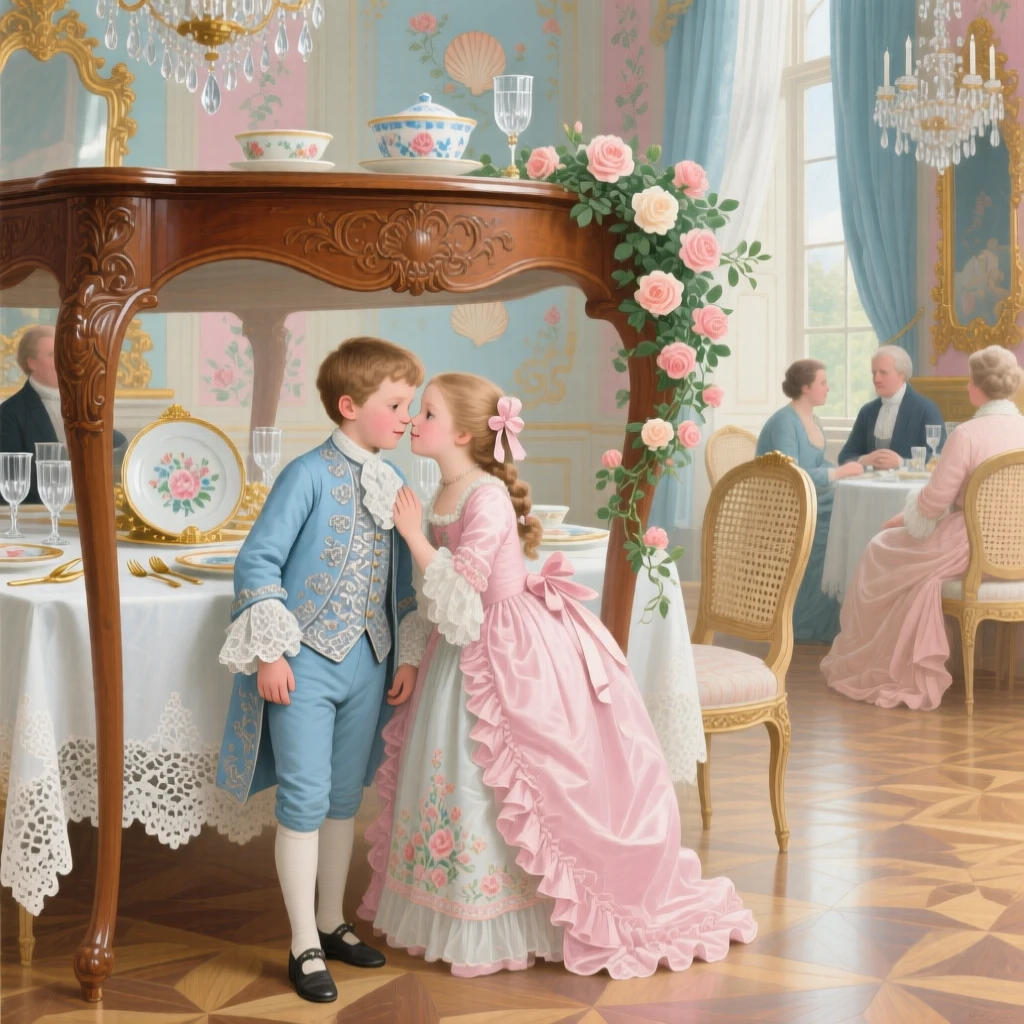 Siblings sharing a secret beneath a table during a formal dinner  
