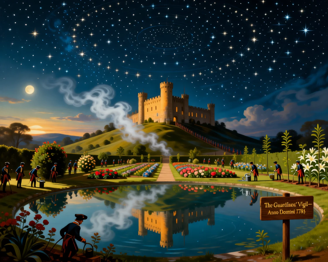 An army tends the gardens of a castle reflected in a still moat beneath a canopy of stars.