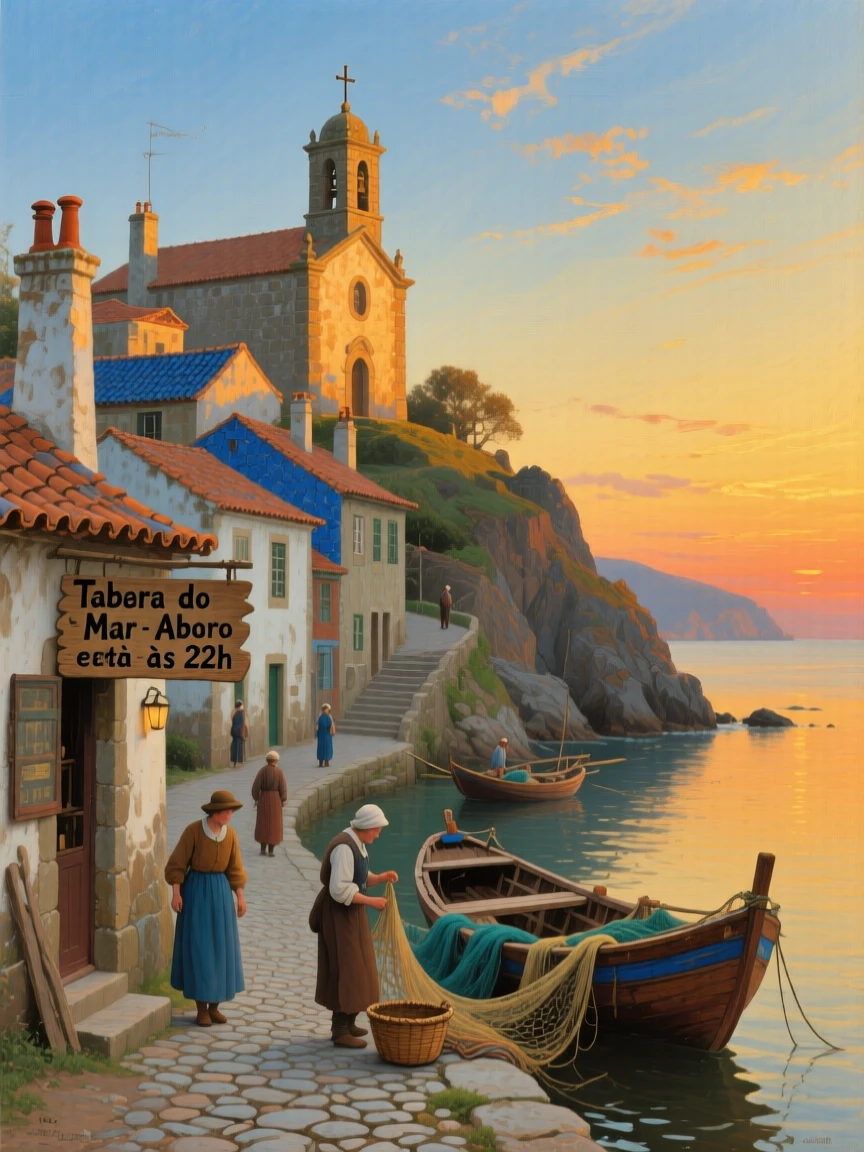 A quiet Portuguese fishing village with tiled houses cascading toward the sea, as the last light of day catches the tops of towers and rooftops, celebrating the architectural wonder and cultural richness of the location