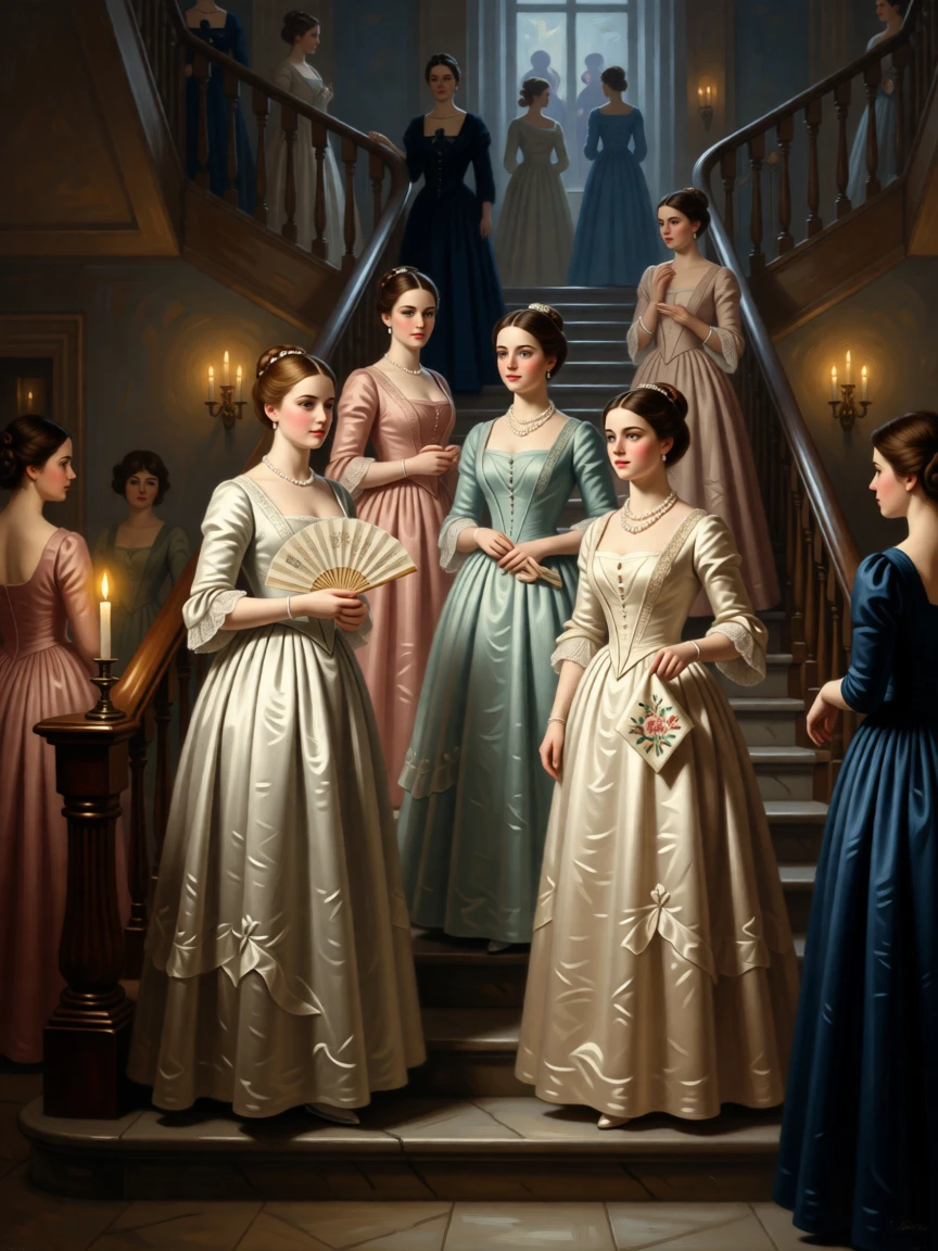 Young debutantes making their formal entrance into society amid the elegant bustle of a formal evening, set on the sweeping staircase of a grand estate, with a fan, a pearl necklace, and an embroidered handkerchief as quiet accents; warm candlelight pools around the principal figures against a cooler backdrop, evoking refinement, tradition, and quiet opulence.