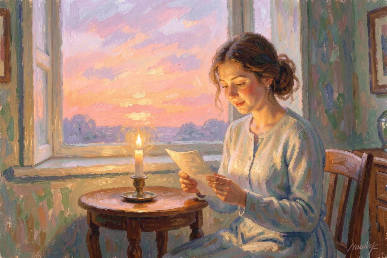 A young woman reading a letter by candlelight, her expression a mixture of longing and quiet joy, under a glowing sunset sky.