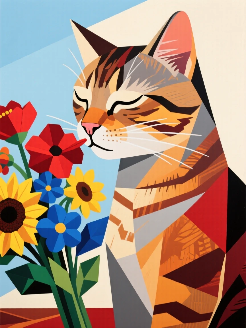 A charming portrait of a sleepy tabby cat sniffing curiously at a bouquet of flowers, on a lazy afternoon.