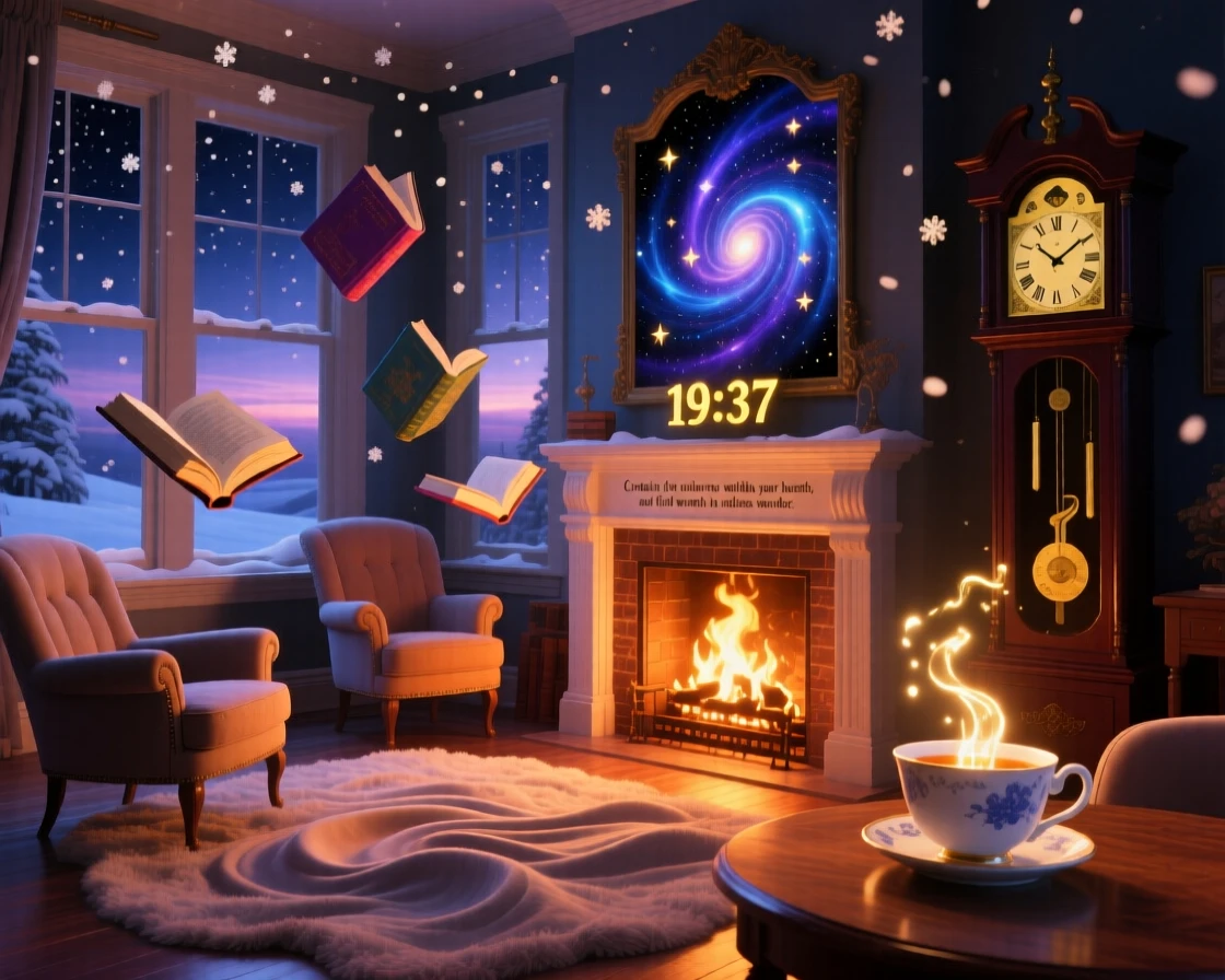 A snug living room where the fireplace holds a tiny captured galaxy glows warmly beneath a soft evening sky, as soft snow drifts silently past warmly lit windows.