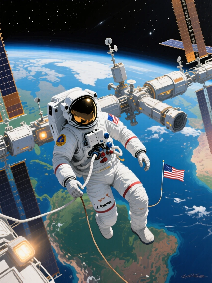 An astronaut floats outside the International Space Station, Earth's blue curvature and swirling white clouds visible in the vast darkness behind, the composition balancing epic scale with small, intimate storytelling details.