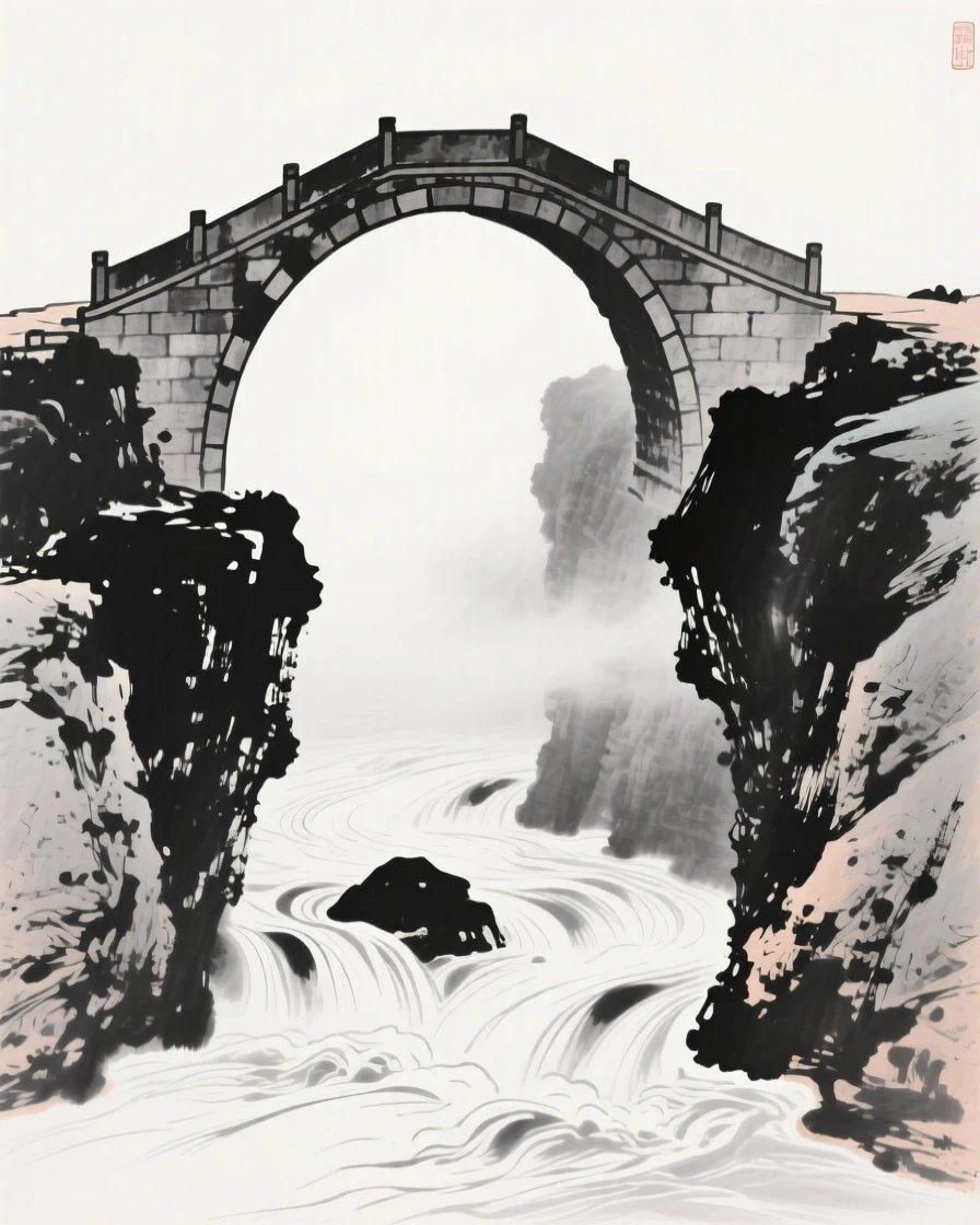 An arched stone bridge spans a narrow gorge above a rushing stream, as mist rises softly from the water beneath it.