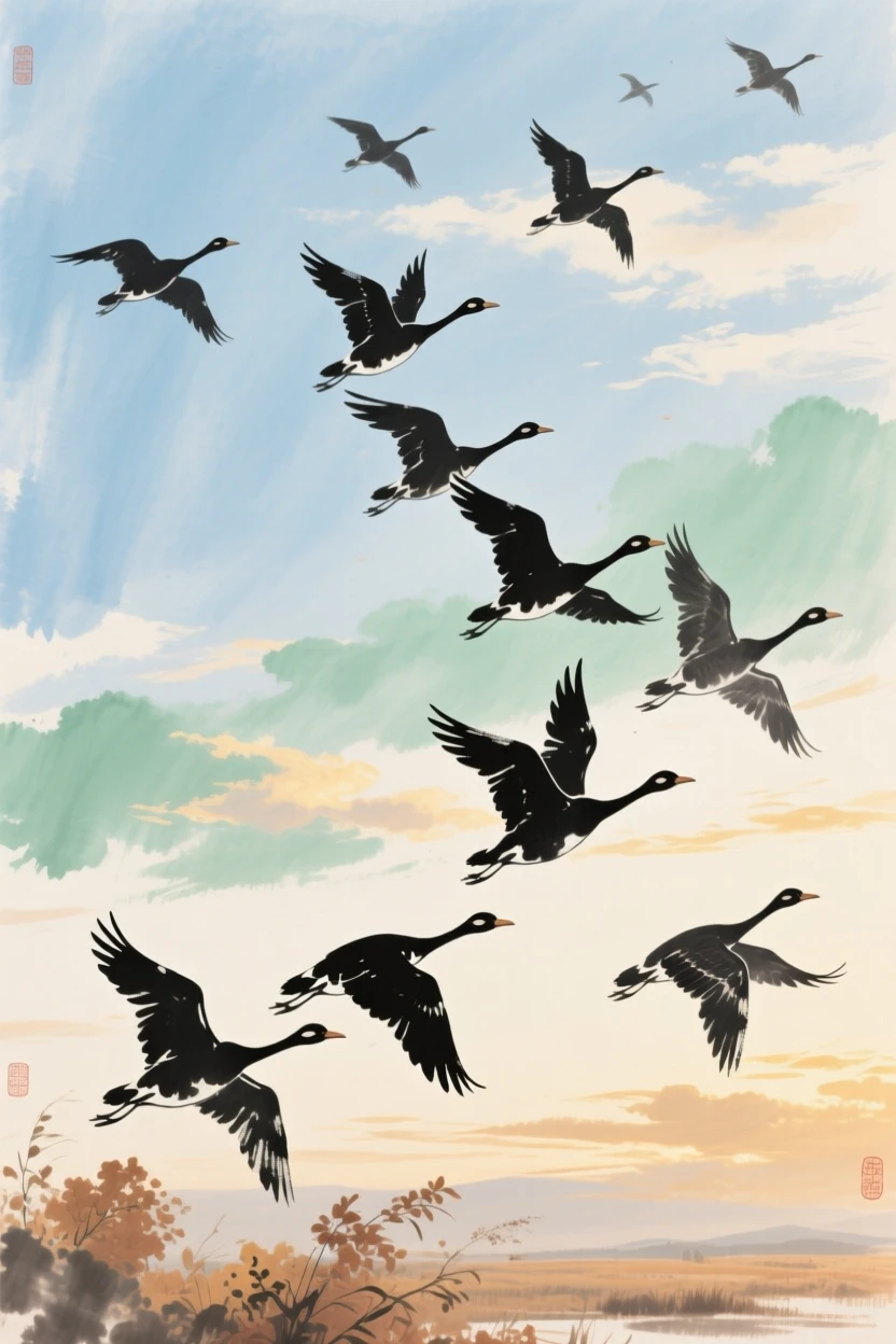 Wild geese flying in a long formation across an open sky, in late autumn, in the last golden light of day.