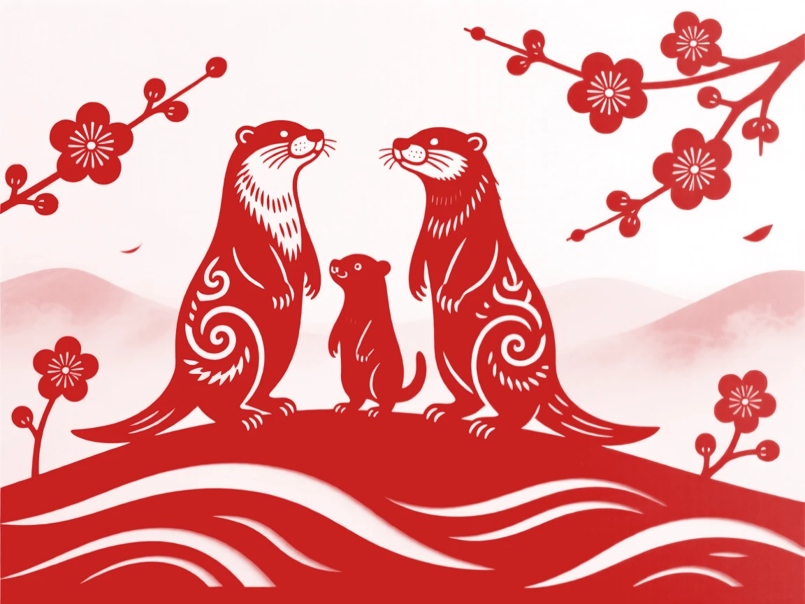 A family of otters, standing alert on a misty hillside, surrounded by scattered plum blossoms.